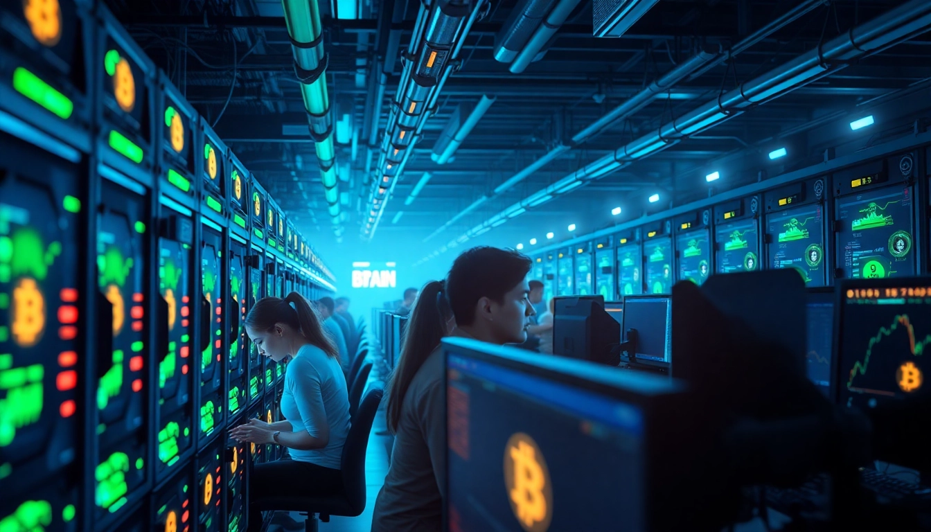 Explore the dynamic world of Bitcoin mining, featuring miners working with advanced technology in a high-tech environment.
