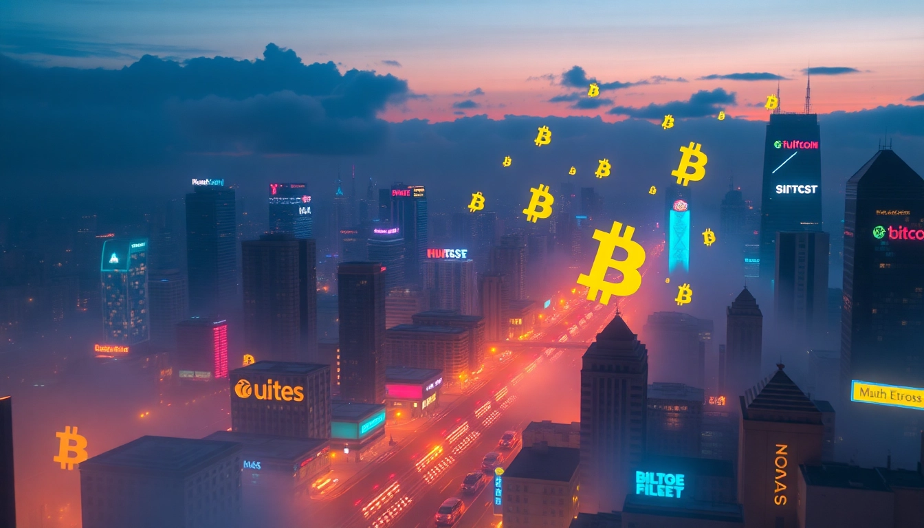 Visualize Bitcoin transactions lighting up a futuristic cityscape, blending digital and traditional finance.