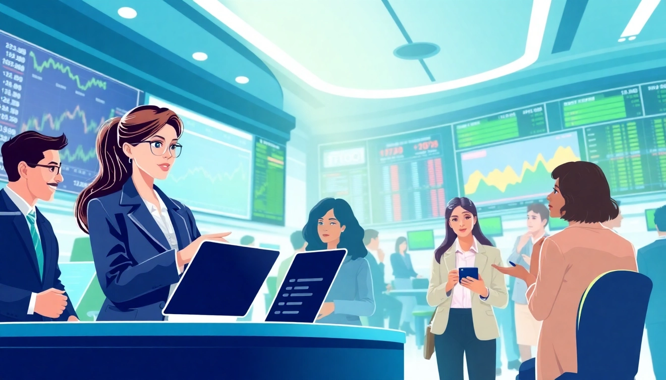 Experience dynamic Tradings with diverse traders engaged in financial activities in a vibrant trading floor setting.