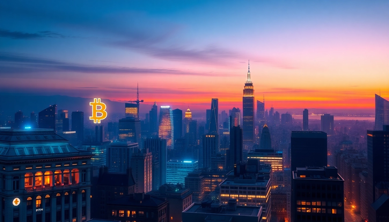 Explore a futuristic city skyline illuminated by Crypto symbols, showcasing the evolution of finance.