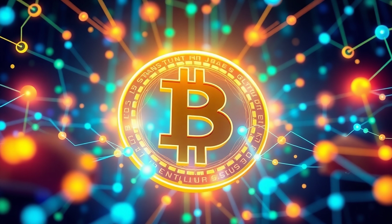 Discover the illuminated Bitcoin symbol amidst dynamic blockchain structures, signifying digital financial innovation.